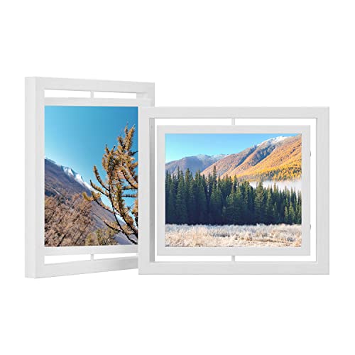 Set de 2 Rame Foto Rotative pentru Poze de 20 x 25 cm (8 x 10 inch) cu 2 Panouri de Sticla pentru Asezare in Picioare sau Agatare MDF Alb SONGMICS