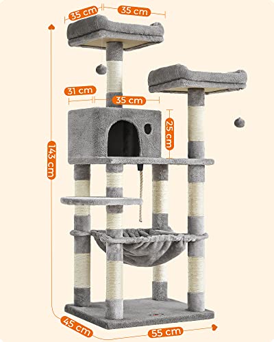 Ansamblu de joaca pentru pisici, turn stabil pentru pisici, 2 perne plusate, 143cm, gri deschis, 55 x 45 x 143 cm, FEANDREA