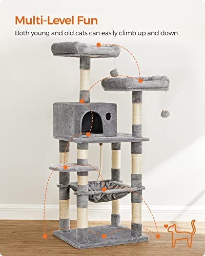 Ansamblu de joaca pentru pisici, turn stabil pentru pisici, 2 perne plusate, 143cm, gri deschis, 55 x 45 x 143 cm, FEANDREA