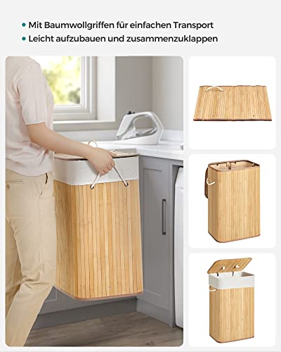 Cos de rufe din bambus, Cos de rufe pliabil XL cu sac lavabil detasabil, 72L, 40 x 30 x 60 cm, Natural SONGMICS
