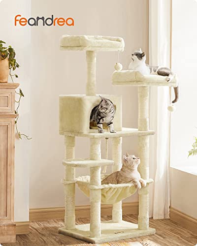 Ansamblu de joaca pentru pisici, turn stabil pentru pisici, 2 perne plusate, 143cm, bej, 55 x 45 x 143 cm, FEANDREA