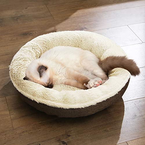 Pat pentru caini , canapea pentru caini, pat pentru pisici, forma de gogoasa, rotund, diametru de 65 cm, maro FEANDREA