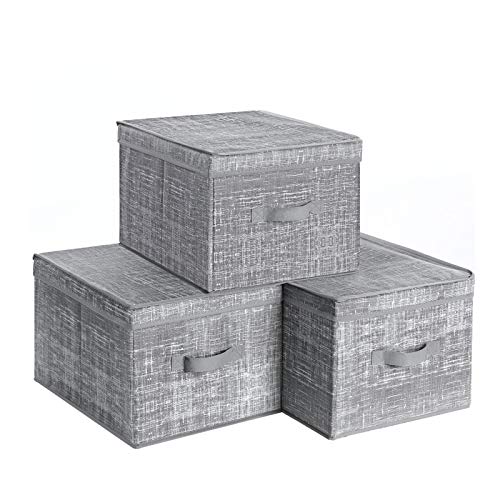 Set  de 3 Cutii de Depozitare Pliabile cu Capac, Cuburi din tesatura cu Suporturi pentru Etichete, Organizatoare pentru Cutii de Depozitare, 30 x 40 x 25 cm, Gri Deschis SONGMICS