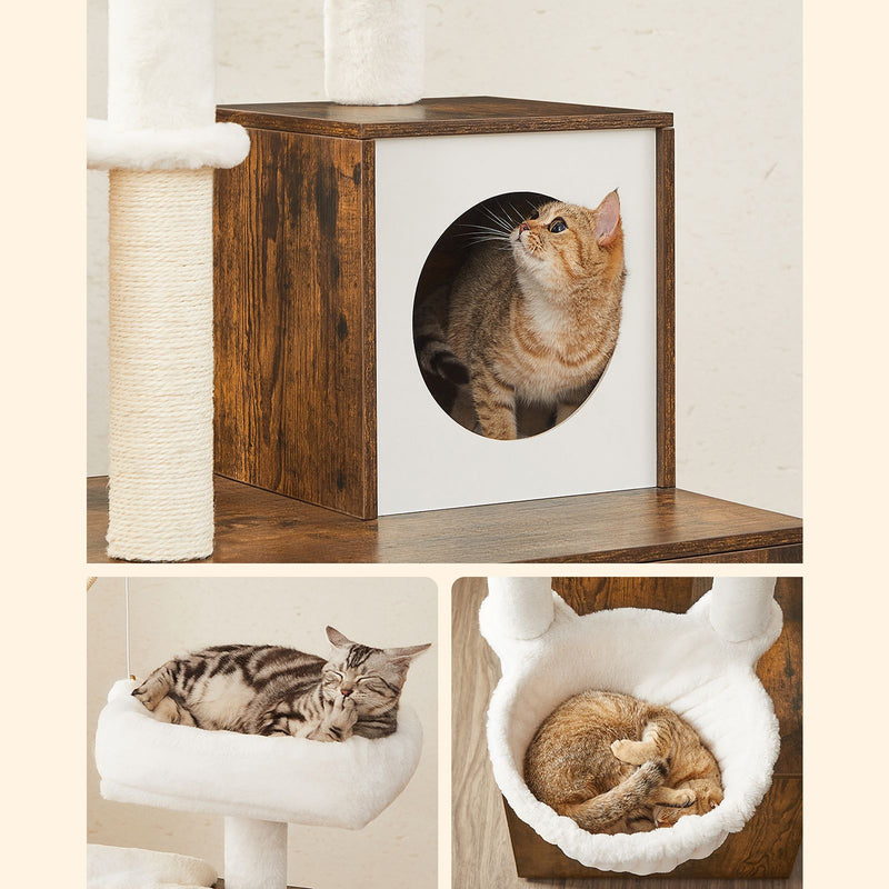 Stalp de zgariat pentru pisici, cu tava pentru litiera, maro vintage, 57.5 x 50 x 140 cm, FEANDREA