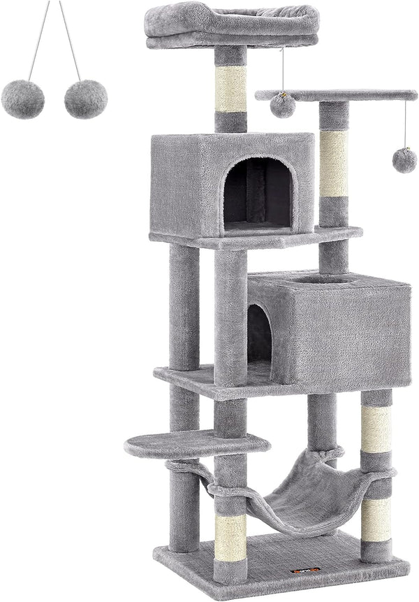 Ansamblu de joaca pentru pisici, turn pentru pisici de 155 cm, pentru pisici de interior, casa de pisici cu mai multe niveluri din plus, cu 5 stalpi pentru zgariat, 2 pesteri pentru pisici, hamac, 2 pompoane, gri deschis, 49 x 40 x 155 cm, FEANDREA