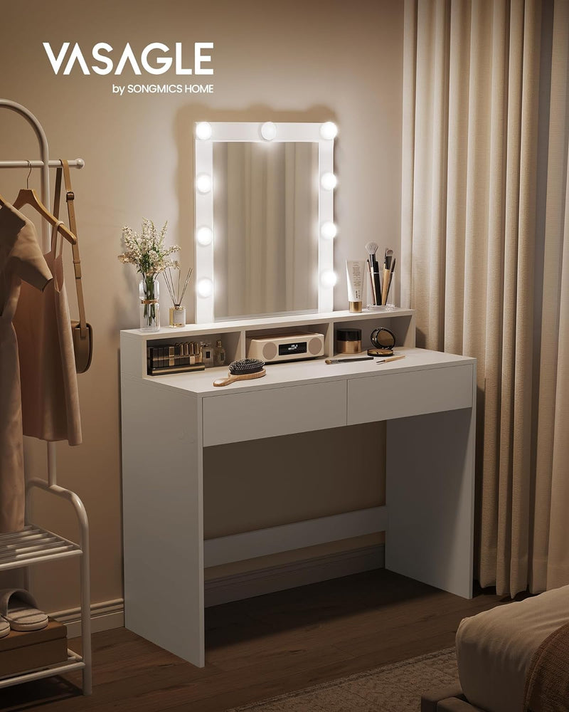 Masa de toaleta machiaj Vasagle cu iluminare LED cu 2 sertare si 3 compartimente alb modern