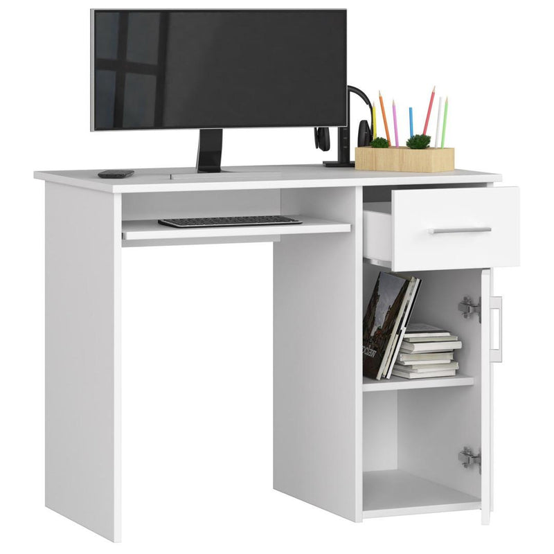 Birou calculator dreapta cu 1 usa, 1 sertar si suport pentru tastatura 90 x 74 x 50 cm alb