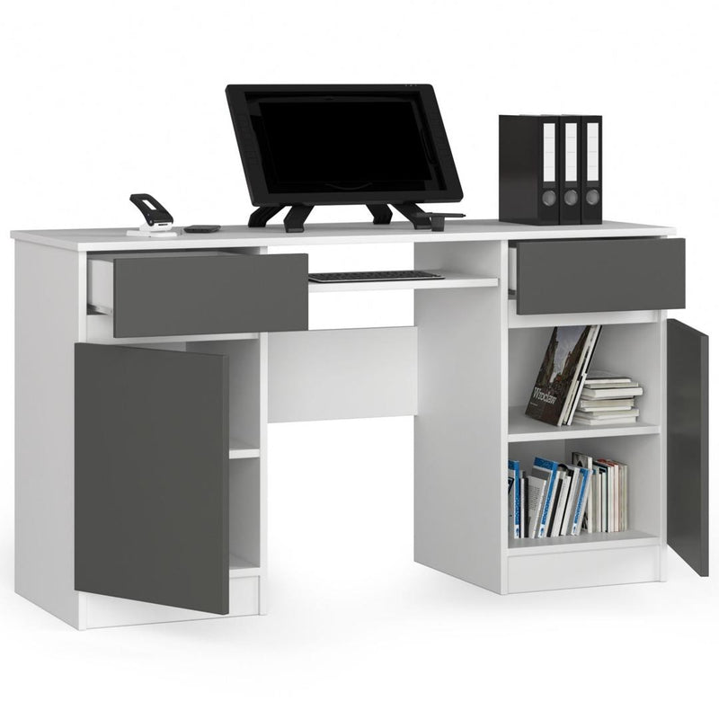 Birou calculator cu 2 usi, 2 sertare si suport pentru tastatura 135 x 77 x 50 cm alb, antracit
