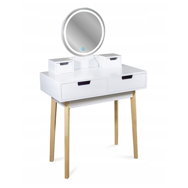 Masa de toaleta machiaj cu taburet si oglinda rotunda cu LED - alb/ lemn