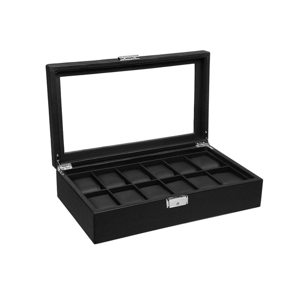 Cutie ceasuri cu 12 compartimente, cutie mare ceas cu capac din sticla, capac PU, captuseala din catifea, inchidere metalica, 36,2 x 9 x 21,3 cm, negru