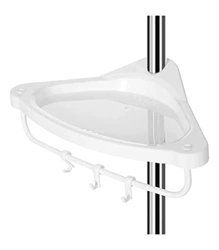 Raft de colt ajustabil pentru baie , suport pentru dus telescopic, 95-300 cm, de la podea la tavan, cu cadru din otel inoxidabil, 4 tavi, 3 carlige, 1 bara pentru prosoape, alb si argintiu SONGMICS