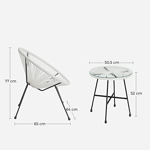 Set de Mobilier pentru Gradina , 3 Piese, Scaun Acapulco, Sezlong pentru Exterior, Masa cu Blat de Sticla si 2 Scaune, Set de Conversatie Interior si Exterior, Alb SONGMICS