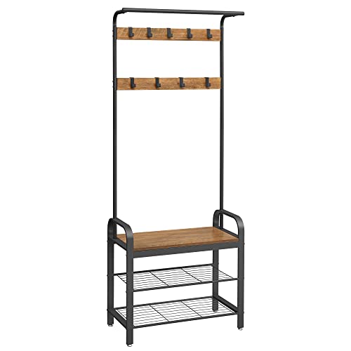 Cuier, Stand de haine cu banca pentru depozitarea pantofilor, Design 4-in-1, cu 9 carlige detasabile, un suport pentru haine, pentru Hol, Intrare, 33.7 x 77 x 183 cm, Modern, Nuc Rustic si Negru, VASAGLE