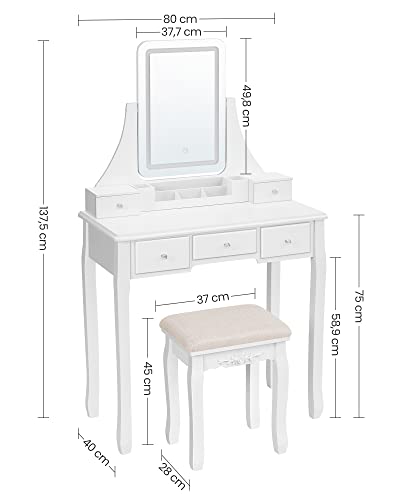 Masa de Toaleta cu Iluminare LED in 3 Culori, Masa de Toaleta cu Oglinzi Rotative la 360°, Masa Cosmetica cu Taburet Tapitat, 5 Sertare, Organizator de Machiaj Detasabil, Alba, VASAGLE