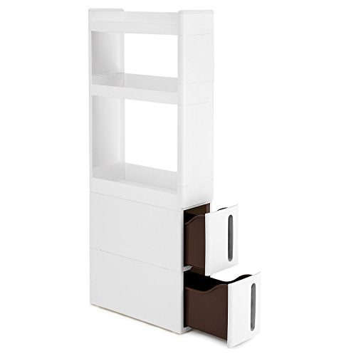 Cabinet ingust cu 3 Polite si 2 Sertare  cu incorporare pe Roti pentru Bucatarie, Baie si Camara, 17 cm Latime, Alb , 45 x 17 x 106.5 cm SONGMICS