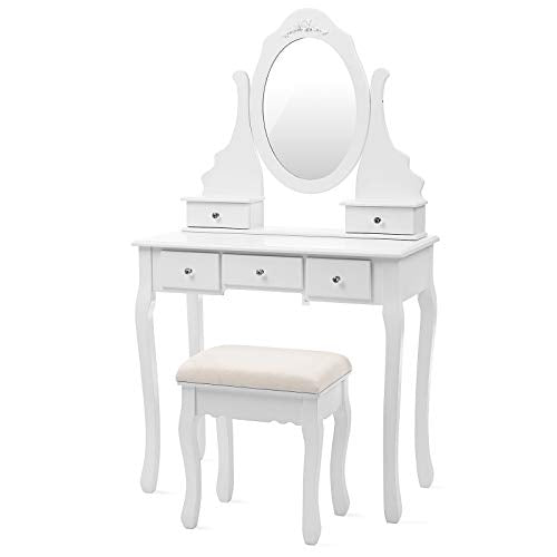 Set de machiaj  cu masa de toaleta, scaun si oglinda cu rotire la 360 de grade, masa de machiaj cu 5 sertare, mobilier pentru machiaj usor de asamblat, alb SONGMICS