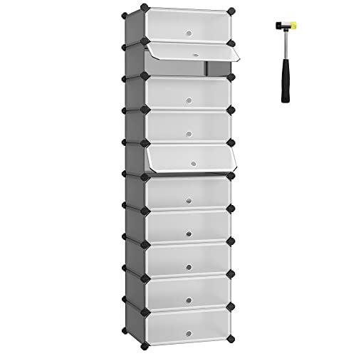 Raft pentru Pantofi cu imbinare, Organizator de Depozitare Rectangular, Unitate de Rafturi Modulare DIY cu 10 Compartimente, 40 x 30 x 17 cm pentru Fiecare Compartiment, Dulap din Plastic cu Usi, Gri SONGMICS