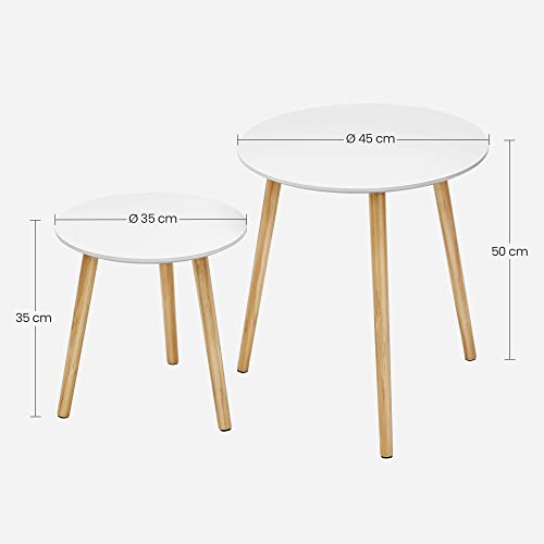 Masa laterala incastrabila , masa de cafea rotunda, set de 2, masa de cafea minimalista scandinava cu picioare din lemn masiv de pin, alba si naturala, VASAGLE