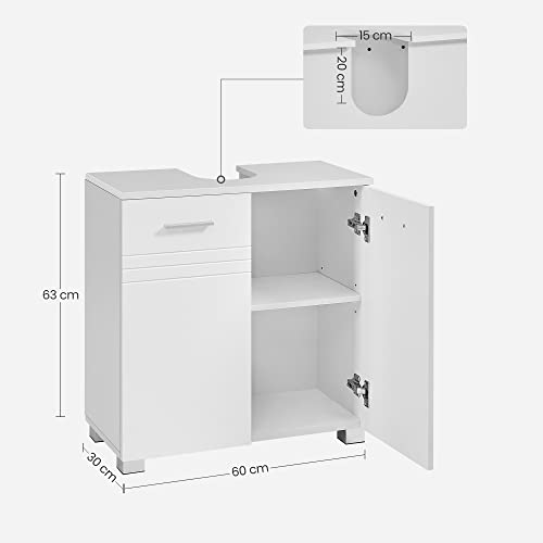 Cabinet Baie cu Dubla Usa, Raft Reglabil, Balamale cu Inchidere Lenta pentru Baie, 60 x 30 x 63 cm, Alb, VASAGLE