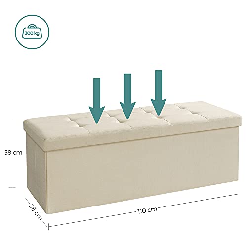 Cutie de depozitare pliabila, Banca captusita, Scaunel pentru picioare cu capac, Material din imitatie de in, 120L, Suporta pana la 300 kg, 110 x 38 x 38 cm (L x l x i), Bej SONGMICS