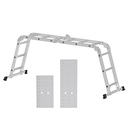 Scara de 3.5 metri, Scara multifunctionala din aluminiu cu 2 placi metalice si 12 trepte, Articulata, Suporta pana la 150 kg, Argintie, SONGMICS