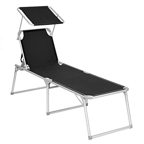 sezlong, sezlong mare cu spatar reglabil, 65 x 200 x 48 cm, Capacitate de incarcare 150 kg, cu spatar reglabil, umbrela de soare, pliabil, pentru gradina, Balcon, Terasa, Negru SONGMICS