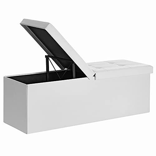 Banca-otoman pliabila de 120L, Cutie de depozitare, Cu capac rabatabil, Banca pentru pantofi, 110 x 38 x 38 cm, Capacitate de incarcare de 300 kg, Alb SONGMICS