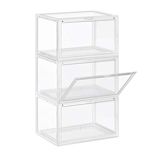 Cutii pentru Pantofi, Set de 3 Organizatoare pentru Pantofi Suprapunere cu Usa Transparenta, Stocare pentru Pantofi din Plastic, Potrivite pentru Marimea 45 UK, 36 x 28 x 22 cm, Transparente SONGMICS