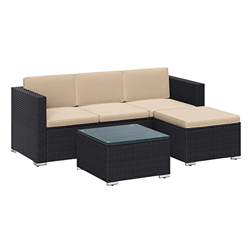 Set de Mobilier pentru Balcon  , Mobilier de Gradina din PE Poliratan, Set de Lounge cu Perne si Masa cu Blat de Sticla, Mobilier de Curte cu Canapea Coltar pentru Balcon si Curte, Negru Bej SONGMICS