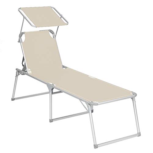 sezlong, sezlong mare cu spatar reglabil, 65 x 200 x 48 cm, Capacitate de incarcare 150 kg, cu spatar reglabil, umbrela de soare, pliabil, pentru gradina, Balcon, Terasa, Bej SONGMICS