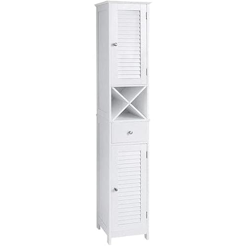 Cabinet la Podea, Cabinet inalt pentru Baie cu Usi Tip Obloane, Sertar si Suport in forma de X Detasabil, 32 x 30 x 170 cm, Stil Scandinavian, Alb, VASAGLE