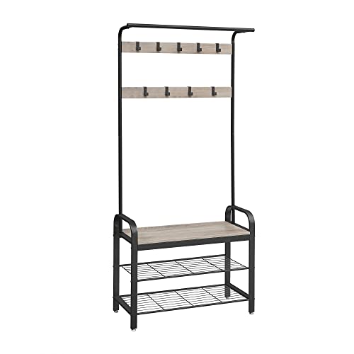 Stand de haine, Raft pentru pantofi cu sezut, Suport pentru haine cu 9 carlige detasabile, Banca, 2 rafturi din grilaj, inaltime 183 cm, Design industrial, Gri Negru, VASAGLE