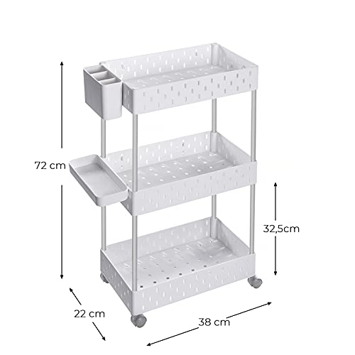 Troliu de Depozitare cu 3 Nivele , Carucior cu Roti, Polita de Baie cu 6 Carlige Detasabile, 1 Tava, 1 Container, pentru Bucatarie, Sufragerie, 38 x 22 x 72 cm, Alb SONGMICS