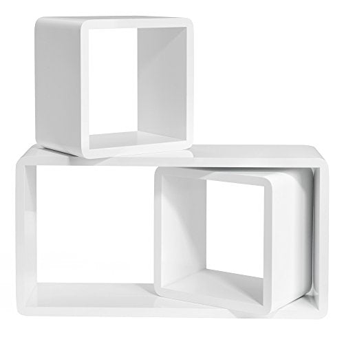 Set de 3 rafturi plutitoare , rafturi de perete cu finisaj lucios, organizatoare din lemn in forma de cub, adancime de 15 cm, 50/22/22 cm, alb SONGMICS