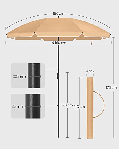 Umbrela de Plaja 1.6 m, Umbrela de Soare, Protectie Solara cu UPF 50+, Canopie Octogonala din Poliester Portabila, Spiroizi din Fiberglass, Mecanism de inclinare, Geanta de Transport, pentru Plaja, Gradina, Balcon, Piscina, Culoare Taupe SONGMICS