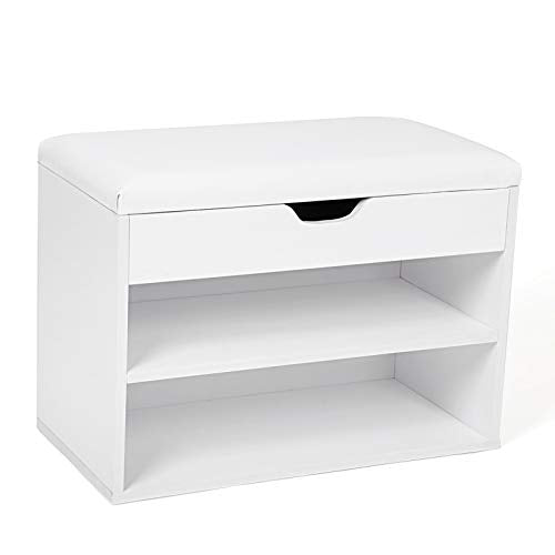 Suport pentru pantofi cu capac cu balamale si scaun captusit, organizator de pantofi cu 2 compartimente, 60 x 30 x 44 cm, alb, VASAGLE