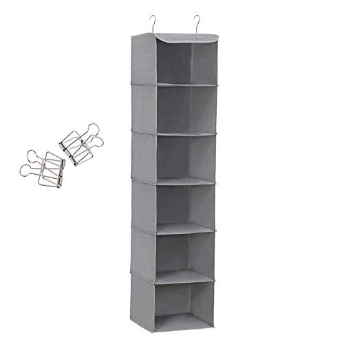 Organizator de depozitare suspendat cu 6 rafturi pentru garderoba + 2 cleme, Gri 30 x 30 x 130 cm (L x l x i) SONGMICS