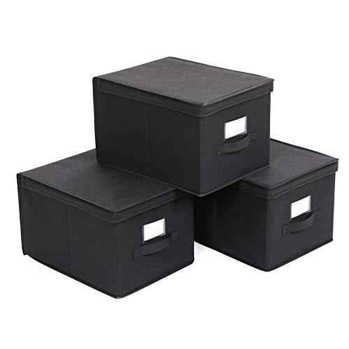 Set  de 3 Cutii de Depozitare Pliabile cu Capac, Cuburi din tesatura cu Suporturi pentru Etichete, Organizatoare pentru Cutii de Depozitare, 40 x 30 x 25 cm, Negru SONGMICS