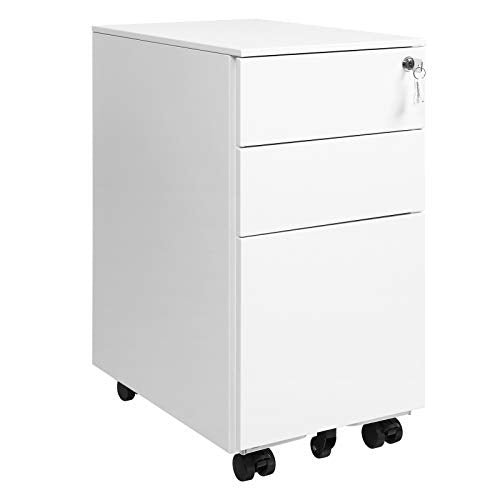 Cabinet de Fisiere Mobil , Cabinet de Birou cu Roti si inchidere, pentru Documente de Tip A4, Legal, si Scrisori, cu Suporturi pentru Fisiere Suspendate, Alb, 30x45x60cm, SONGMICS