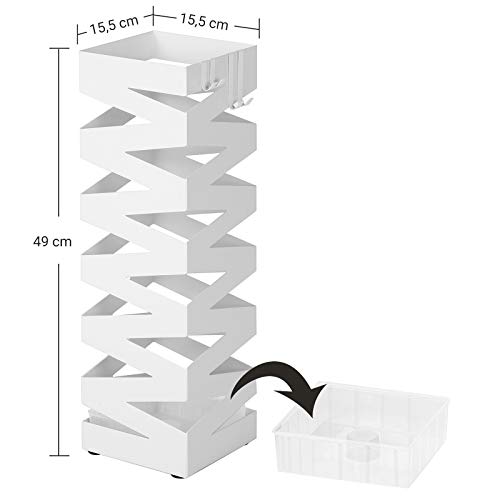 Suport pentru Umbrele Metalic, Suport pentru Umbrele Patrat, cu 4 Carlige si Tava de Colectare Detasabila, 15.5 x 15.5 x 49 cm, Alb SONGMICS