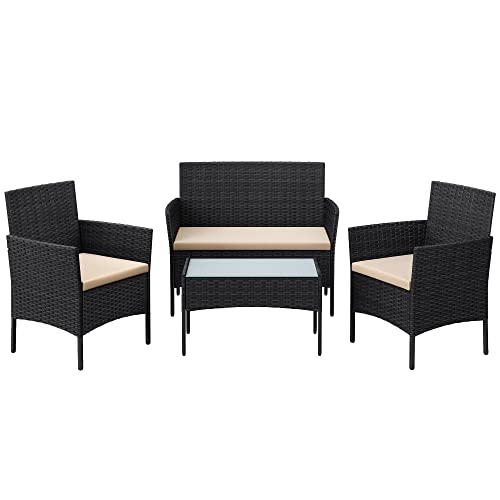 Set de Mobilier pentru Balcon  , Mobilier de Gradina din PE Poliratan, Set de Lounge pentru Curte cu Masa si Scaune, Mobilier de Gradina pentru Balcon si Curte, Negru Bej SONGMICS