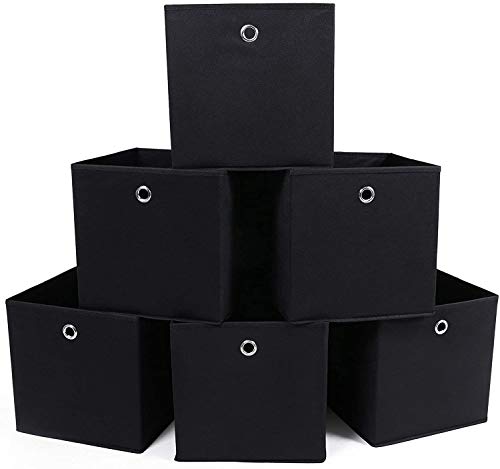 Set  de 6 Cutii de Depozitare Pliabile, Cuburi de Depozitare din tesatura, Organizator pentru Haine, Cutii pentru Jucarii cu Grommet, 30 x 30 x 30 cm, pentru Dormitor, Sufragerie, Negru SONGMICS