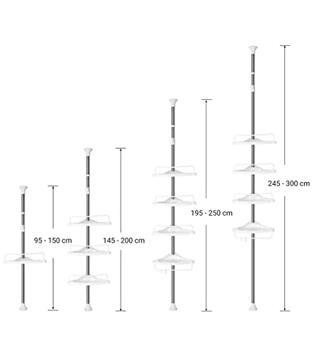 Raft de colt ajustabil pentru baie , suport pentru dus telescopic, 95-300 cm, de la podea la tavan, cu cadru din otel inoxidabil, 4 tavi, 3 carlige, 1 bara pentru prosoape, alb si argintiu SONGMICS