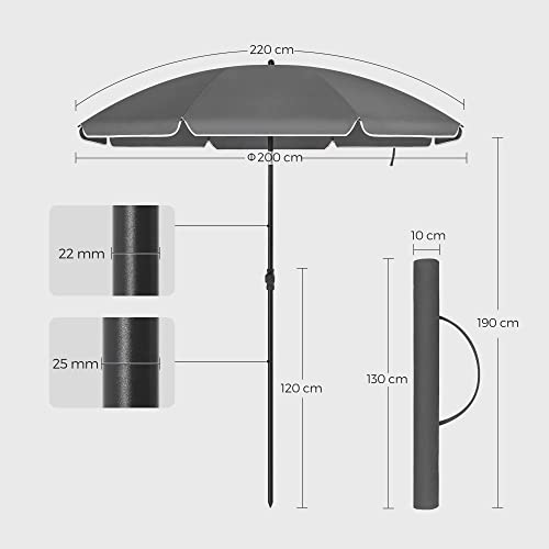 Umbrela de Plaja de 2 m, Umbrela de Plaja, Protectie UPF 50+, Parasolar Portabil Octogonal din Poliester, Spite din Fiberglas, Mecanism de inclinare, Geanta de Transport, pentru Plaja, Gradina, Balcon, Piscina, Gri SONGMICS