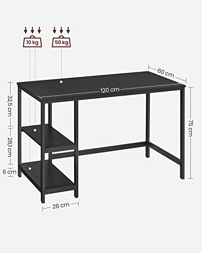 Birou calculator, cu 2 rafturi pe stanga sau dreapta, cadru de otel, design industrial, negru, 120 x 60 x 75 cm, Vasagle