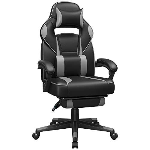 Scaun de Birou de Gaming cu Suport pentru Picioare, Scaun de Birou cu Suport pentru Cap si Perne Lombare, Ajustare a inaltimii, Ergonomic, Unghi de inclinare 90-135°, Capacitate de incarcare 150 kg Negru + Gri SONGMICS