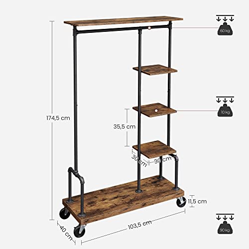 Stand de haine, Stand de haine pe roti, Stand de haine cu 5 niveluri cu tevi metalice, pentru Dormitor, Magazin, Camera de spalat, Living, Maro Rustic si Negru, VASAGLE