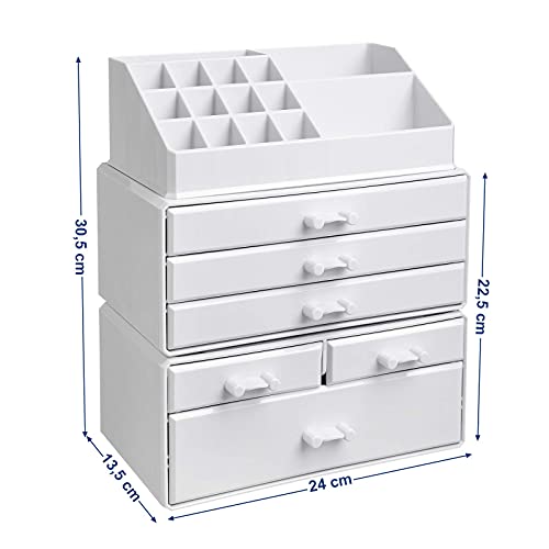 Organizator Mare din Acrilic pentru Machiaj, Cutie pentru Cosmetice cu 6 Sertare, pentru Palete, Pensule, Fond de Ten, Rujuri, Oje, Agrafe de Par, Cadou Minunat pentru Cei Dragi, Alb SONGMICS