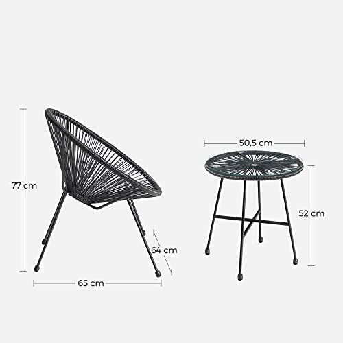 Set de Mobilier pentru Gradina , 3 Piese, Scaun Acapulco, Sezlong pentru Exterior, Masa cu Blat de Sticla si 2 Scaune, Set de Conversatie Interior si Exterior, Negru SONGMICS