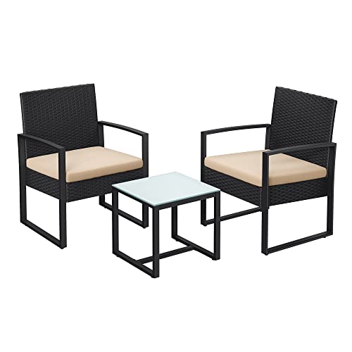 Set de Mobilier pentru Balcon  , Mobilier de Gradina din PE Poliratan, Set de Lounge cu Masa si 2 Scaune, Mobilier de Curte pentru Montaj Usor pentru Balcon si Curte, Negru/Bej SONGMICS